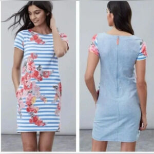 JOULES Blue and white stripe with pink floral design dress size 4.